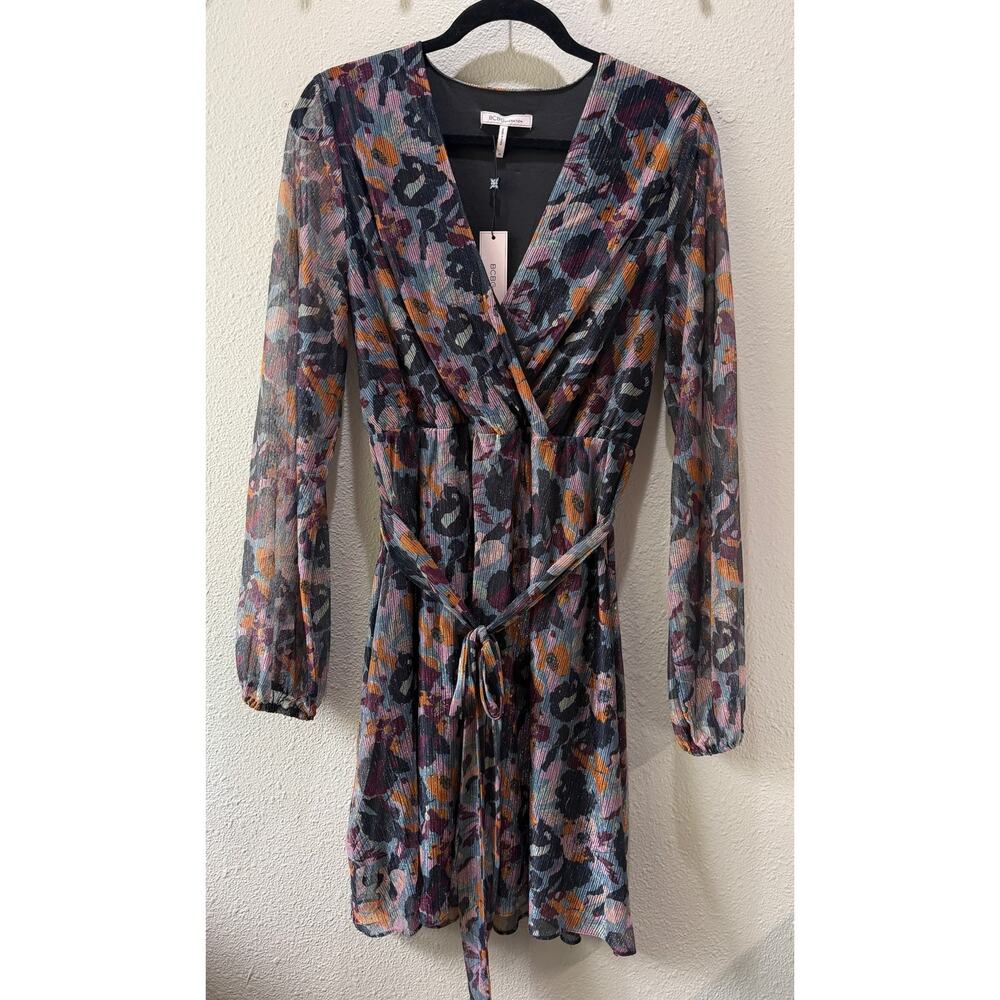 BCBGeneration Floral Long Sleeve Mini Faux Wrap Dress Plum Teal Gold Size 10 NWT